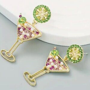 Martini Cocktail Rhinestone Earrings - Greens & Pinks - Gold Plated - NEW